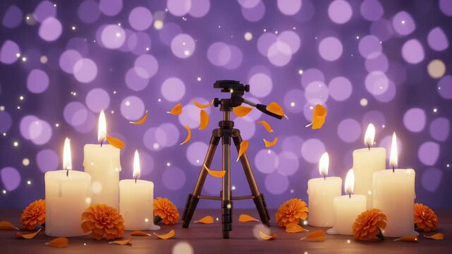 Tripod and Altar Candles on Day of the Dead Background, 3D Render Bokeh Animation Loop
