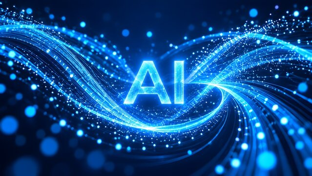 Glowing blue artificial intelligence text with dynamic digital light waves and data particles representing future AI technology concept
