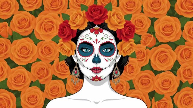 La Catrina Sugar Skull Face on Orange Roses Pattern, Dia de los Muertos Animation Loop
