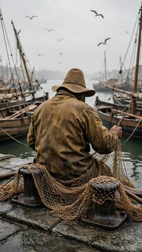 Traditional fisherman mending nets on stone harbor pier with foggy boats in background.