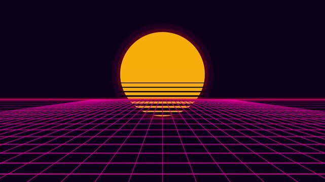 Retro synthwave grid landscape animation with glowing sun