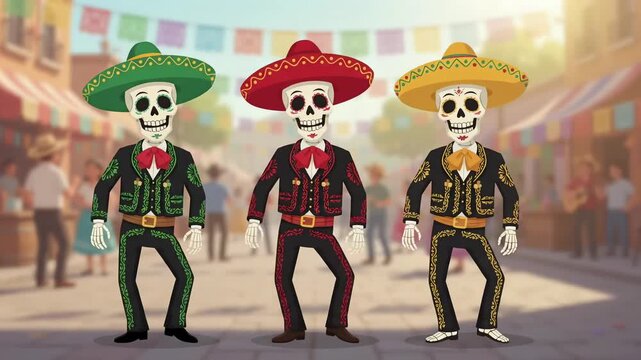 Dancing Mariachi Skeletons in Street Fiesta, Dia de los Muertos 3D Animation Loop
