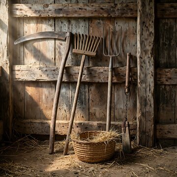 Antique farming tools including scythe and pitchfork lean against weathered wooden wall.