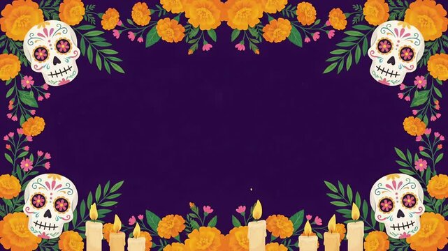 Dia de los Muertos Frame Background with Sugar Skulls and Marigolds, 2D Animation Loop

