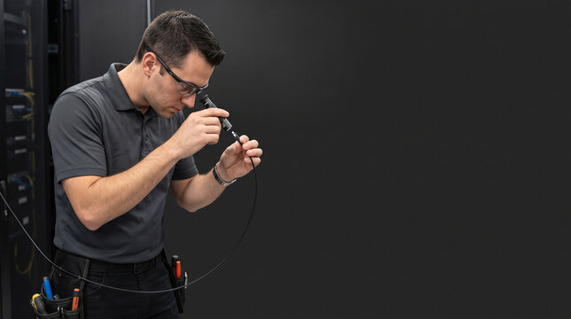 A man in a grey polo shirt using a fiber optic tester tool on a black cable in a server ad social media download thambnail poster web template event festival 2026 2027 2028