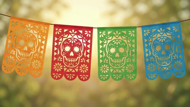 Mexican Papel Picado Sugar Skull Banners in Sunlight, Festive Fiesta Animation Loop
