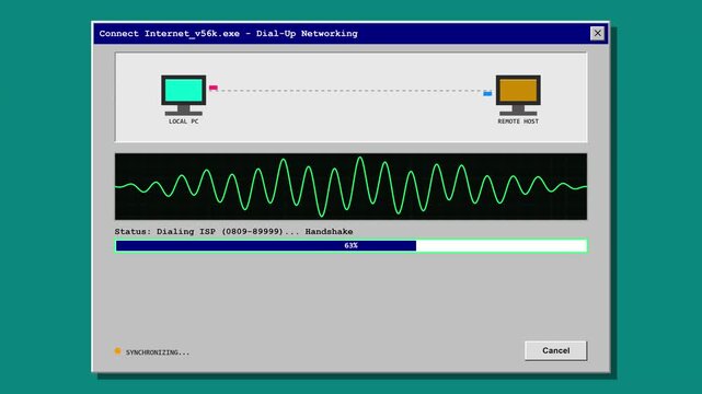 Retro Dial-Up Internet Connection Screen Animation with Modem Sound Waveform and Progress Bar