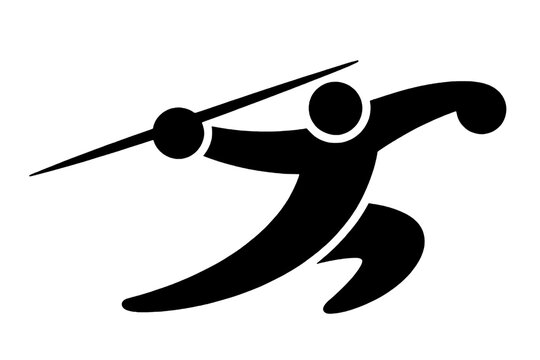 black and white vector silhouette of a track and field athlete in the precise motion of throwing a javelin spear.
