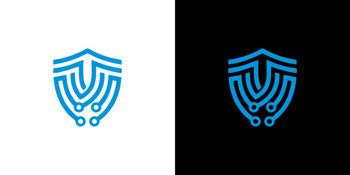Cyber Security Tech Shield Logo Monogram Letter V Circuit Board Vector Line Art Icon