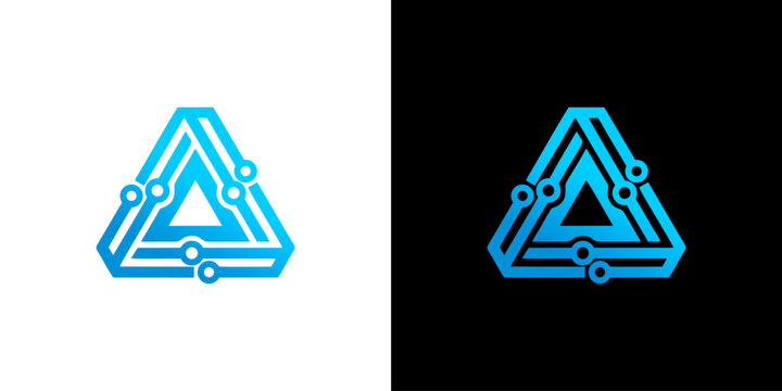 Digital triangle circuit logo icon set with cyber technology nodes and futuristic geometric lines