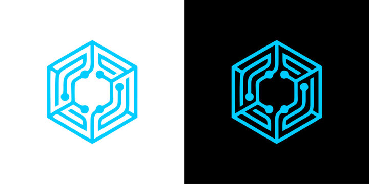 Futuristic Cyan Hexagonal Circuitry Logo Design Symbolizing Digital Connectivity, Artificial Intelligence, and High-Tech Networking Systems