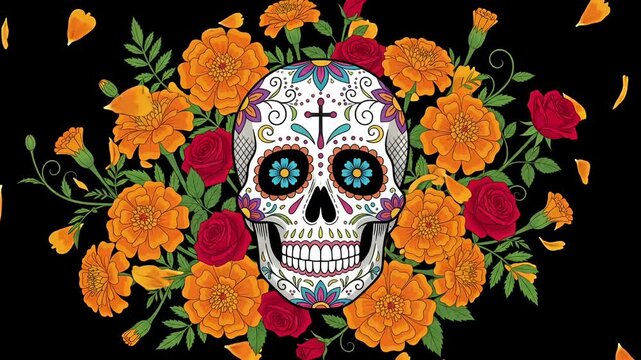 Dia de los Muertos Sugar Skull in Marigolds and Roses, Festive Motion Graphic 2D Loop
