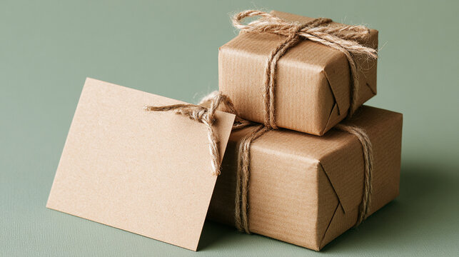 Two kraft paper wrapped gifts with blank card on green background