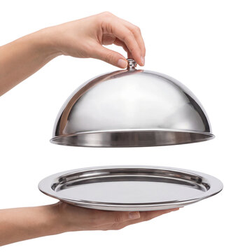 Hand holding silver food cloche isolated on transparent background