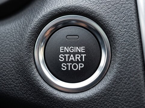 Car engine start stop button on black leather interior dashboard