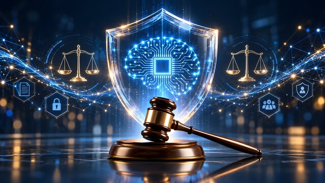 Wooden judge gavel in front of a glowing digital shield with artificial intelligence brain, justice scales, and cybersecurity compliance icons on dark background