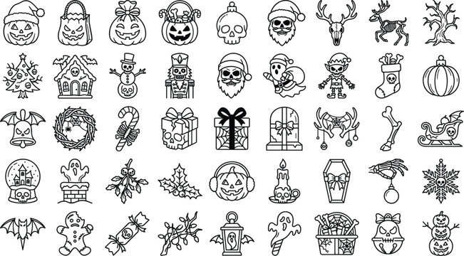 Spooky Christmas and Halloween crossover line icon set for dark holiday vector design elements