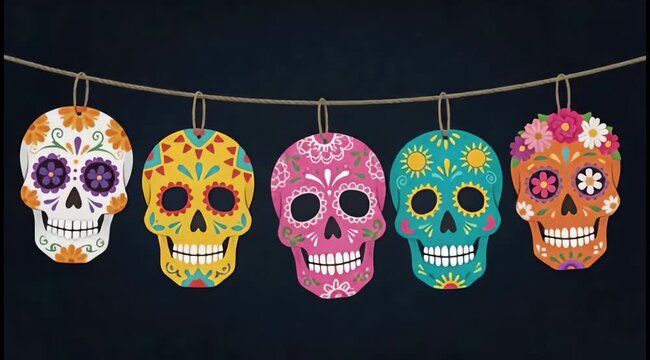 Hanging Sugar Skull Garland on Dark Backdrop, Dia de los Muertos Animation Loop
