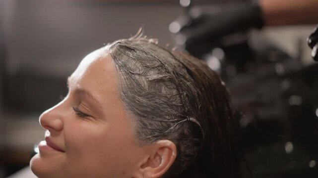 Woman receives professional hair coloring service. salon worker applies dye to her wet hair focusing on application technique and visible texture of treated strands. scene is set in typical