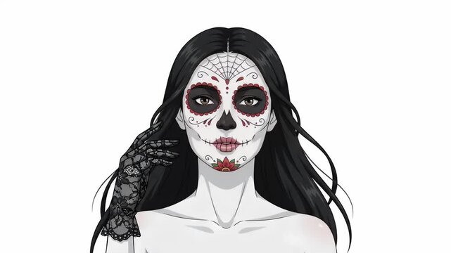 La Catrina Portrait in Sugar Skull Makeup, Isolated 2D Animation Motion Graphic Loop
