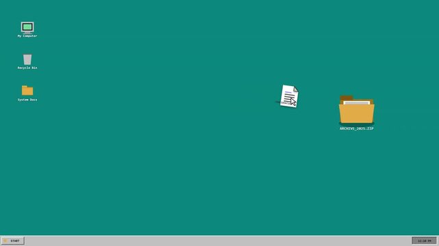 Retro Computer Desktop Screen with Mouse Cursor Dragging Document File into Archive Folder Animation