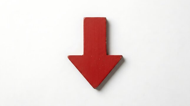 Bright red wooden arrow pointing downwards on white background, indicating direction or decline for a graphic element.