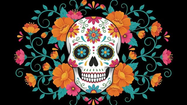 Festive Day of the Dead sugar skull surrounded by bright marigold flowers in a colorful motion graphic
