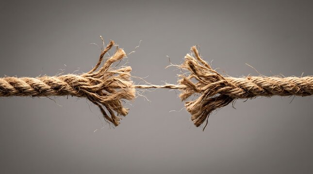 Fraying Rope Breaking at Stress Point Concept for Business Risk Crisis Management Metaphor Studio Macro Shot on Gray Background for Website Banner Ad