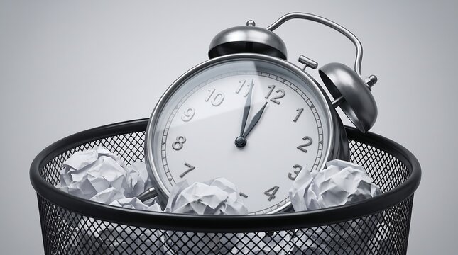 Vintage Metal Alarm Clock in Trash Bin with Crumpled Paper Concept for Wasted Time Lost Productivity and Business Deadline Management Web Banner