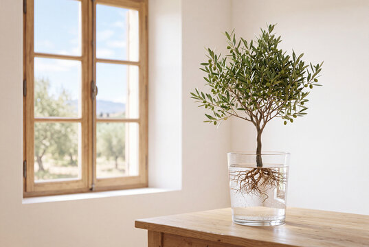 Surreal style image of a levitating olive tree with roots in the glass