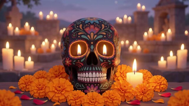 Decorated black sugar skull with glowing eyes among marigolds and candles in a cinematic 3d render
