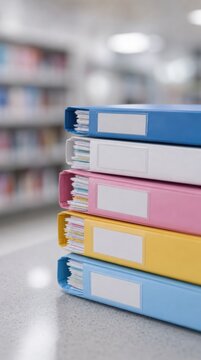 A stack of colorful binders filled with documents sits on a table in a blurred library or office setting.
