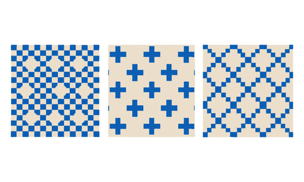 Retro 8 Bit Blue Mosaic Background Set with Pixel Cross Grid and Stepped Diamond Designs.