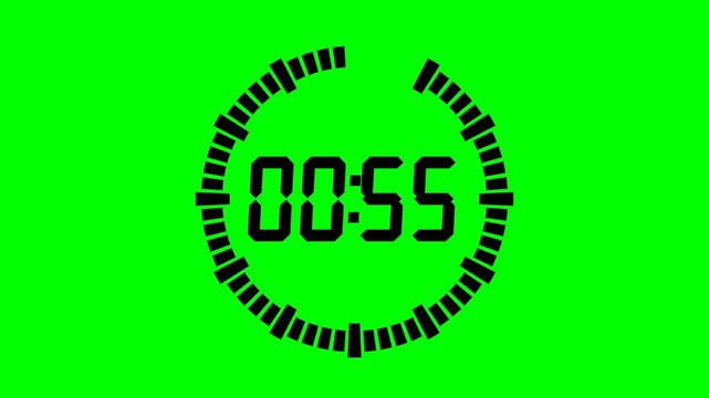 Bold sports scoreboard digital countdown clock featuring 60 circular radial tick segments disappearing clockwise on pure chroma key green screen background.