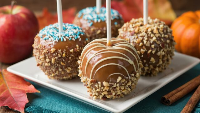 Gourmet caramel apples with nuts and drizzles sit on a white plate in an autumn setting. Use these festive treats for seasonal marketing concepts.