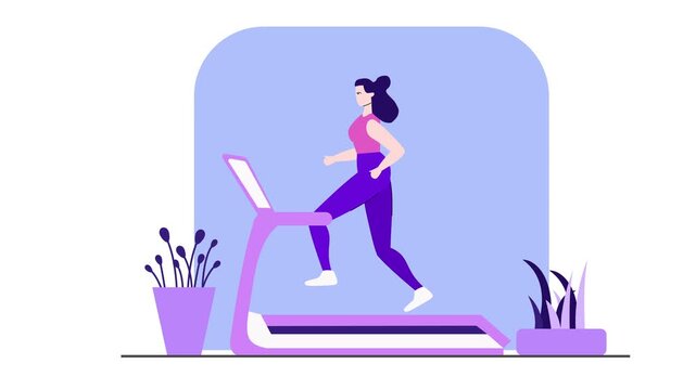 Woman running on treadmill animation in flat vector style footage