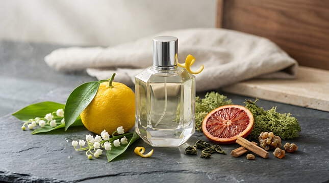 luxury natural perfume bottle with citrus and floral ingredients