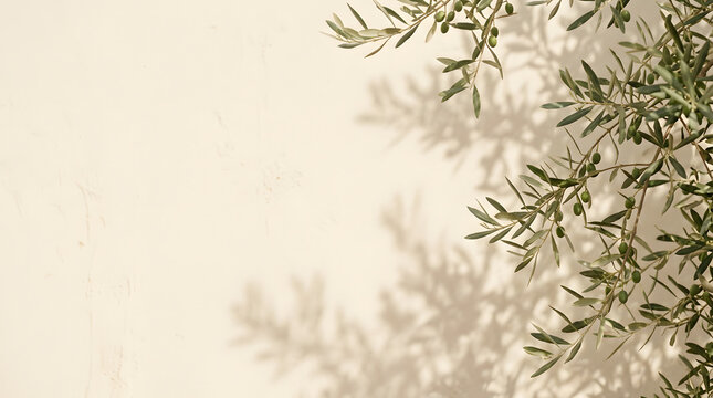 Olive tree branches and shadows on a light neutral wall background