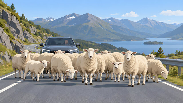 Large flock of sheep blocking a scenic mountain coastal road holding up a car