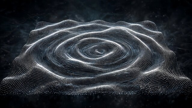 Abstract digital landscape of glowing white particles forming concentric circular waves on dark background with circular ripples undulating creates rhythmic circular circles