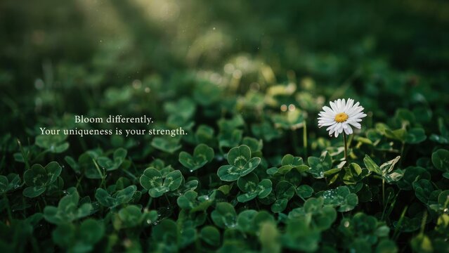 A single white daisy blooms amidst lush green clover with an inspirational quote. This image symbolizes personal growth and individuality for motivational content.