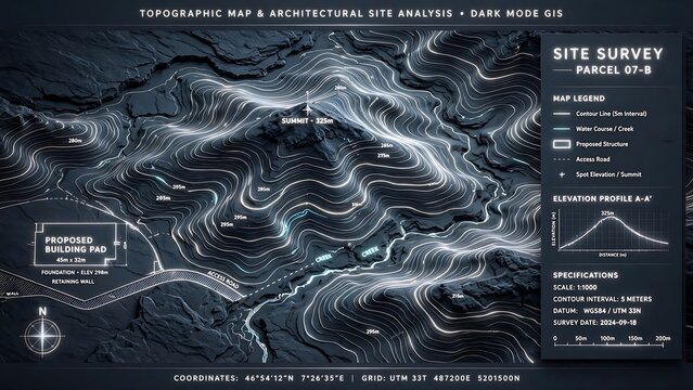 Topographic map and architectural site analysis visualization for a proposed building project in dark mode with detailed topographic survey map displays contour lines terrain