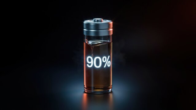 A 3D glass battery cylinder filled with glowing liquid displaying ninety percent charge on dark background. Symbolizing renewable energy storage and modern sustainable technology.