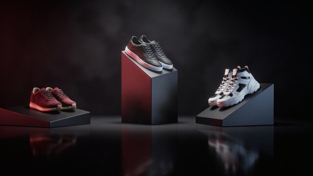 Black Friday sneaker sale display with neon lighting. Sports footwear products