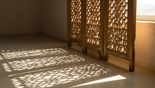 Intricate wooden screen casting decorative shadows on a sunlit floor in a minimalist room with soft natural light.