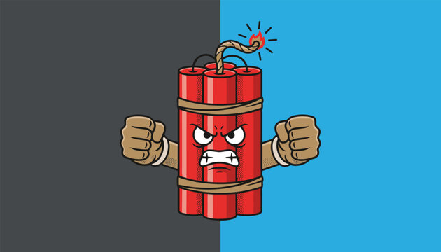 Angry cartoon dynamite bundle explosive character with clenched fists and a lit burning fuse over a split background.