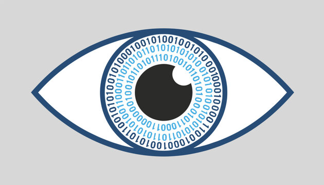 Fascinating conceptual vector design of a modern human eye with a digital iris made of binary code numbers zero and one.