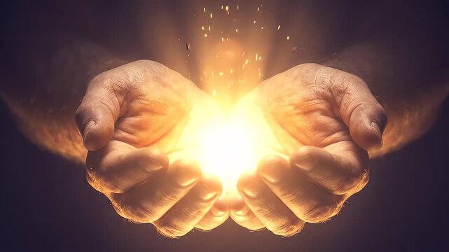 Human hands cupped together holding a powerful glowing light orb for epiphany