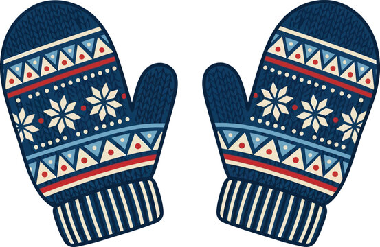 Christmas Cozy knitted fingerless gloves with festive snowflake and geometric patterns, perfect for holiday greeting