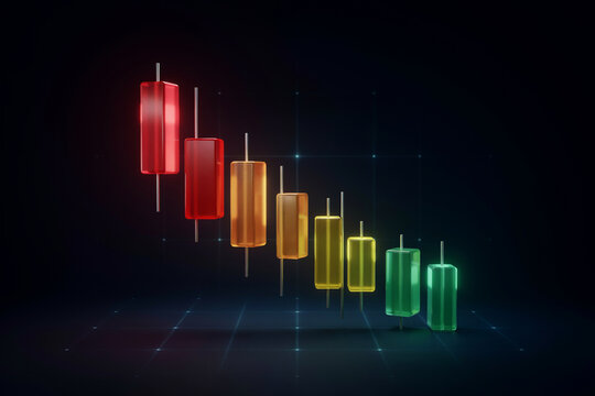 3D render of a descending financial candlestick chart with gradient colors, showing a downward trend on a dark grid background